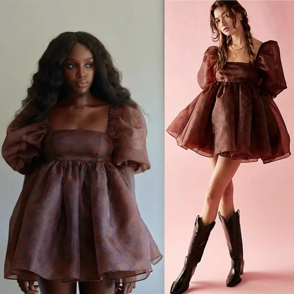 Selkie- The Puff Mini Dress Brown Chocolate Floral Size 14 Spring Softgirl